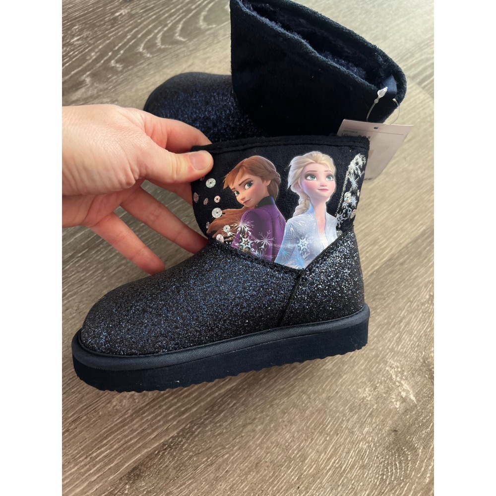 NEW H&M Boots Kids 9-9.5 Navy Blue  Frozen Anna Elsa Glitter Faux Fur Lining